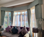 Flat pelmets with interlined curtains, venetian and roman blinds